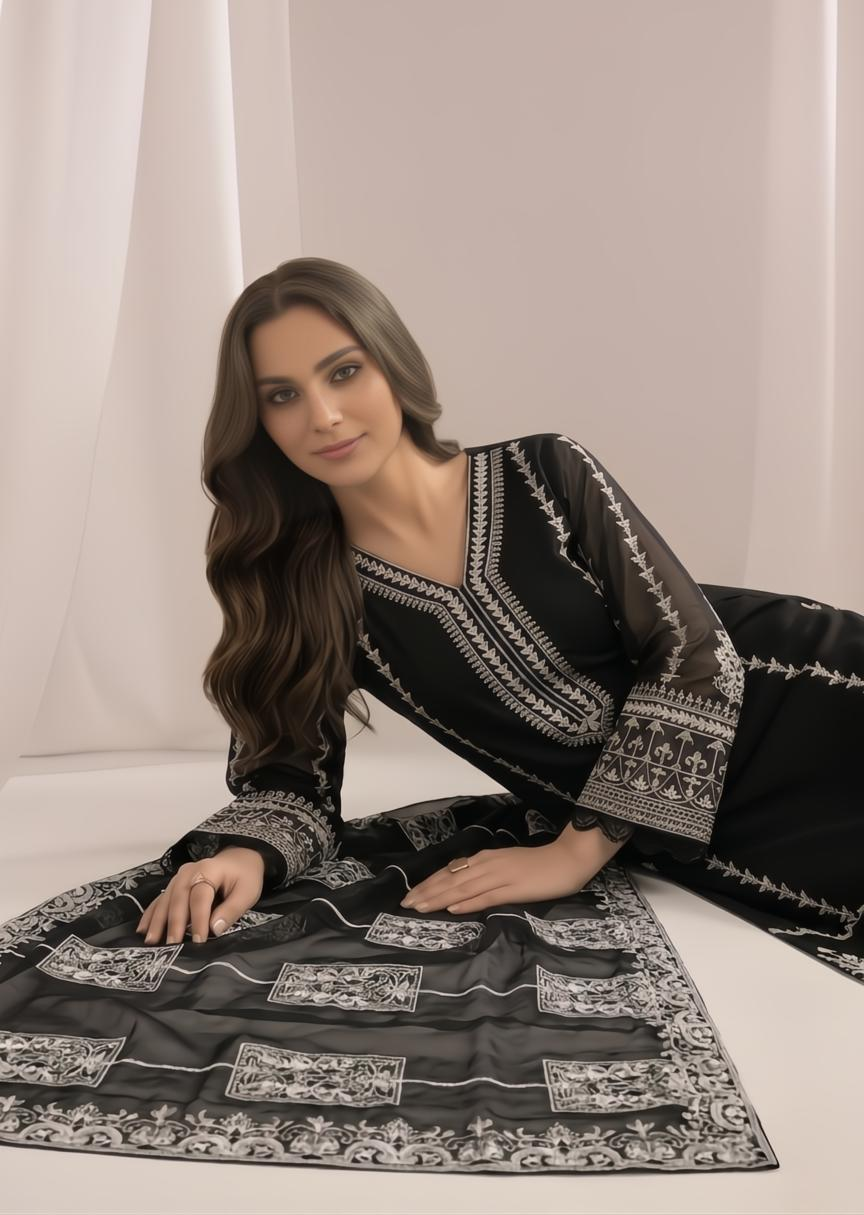 Buy Black Bemberg Chiffon Embroidered 3 Piece Suit Online in Dubai DXB UAE Abudhabi Meena Bazaar