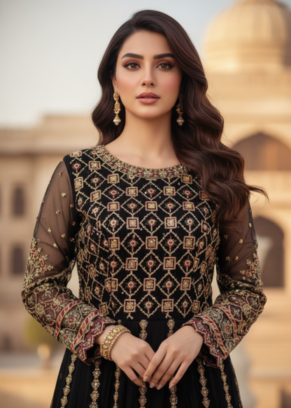 Buy Black Embroidered Organza Pakistani Suit Online in Dubai DXB UAE Abudhabi Meena Bazaar