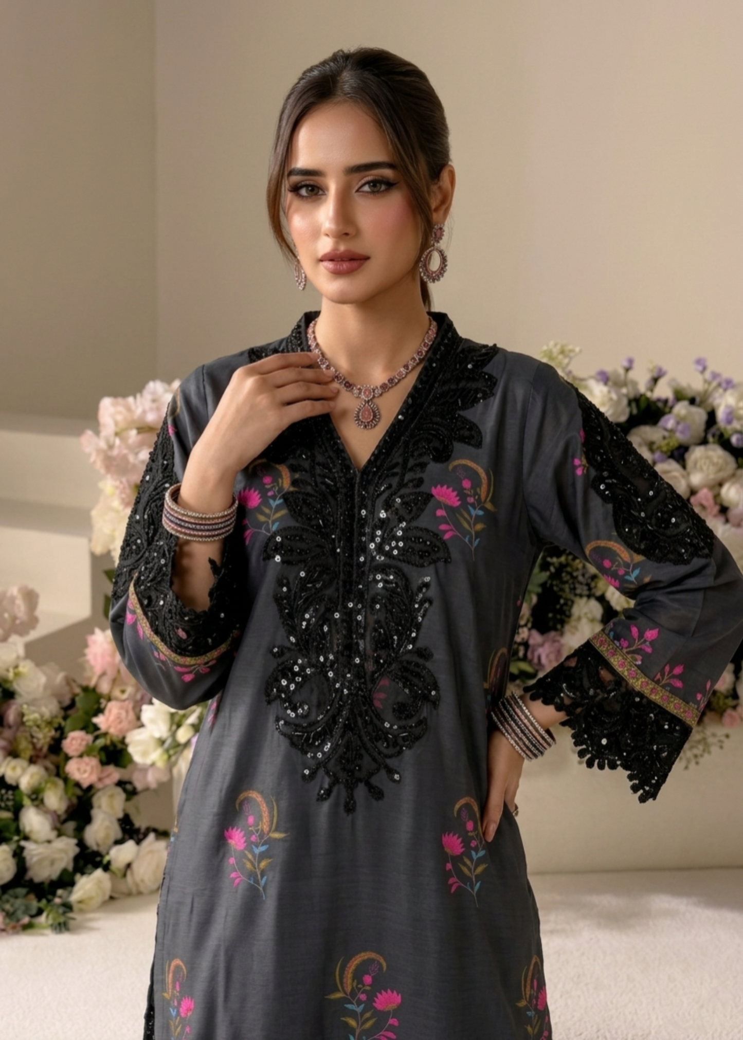 Buy Black Embroidered Raw Silk Suit Online in Dubai DXB UAE Abudhabi Meena Bazaar