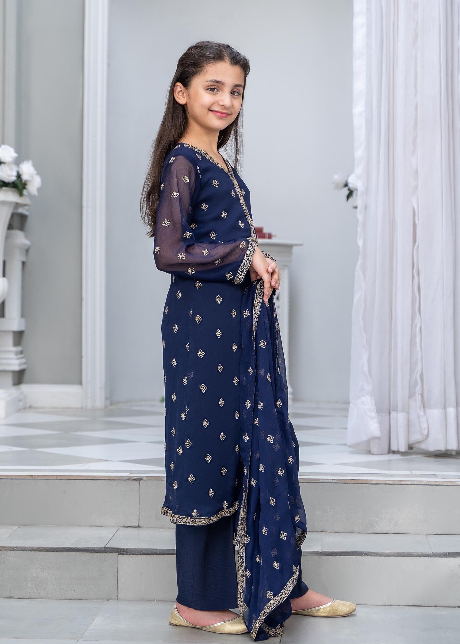 Buy Blue Embroidered Chiffon Raw Silk Pakistani Outfit Online in Dubai UAE Abudhabi Ajman Sharjah