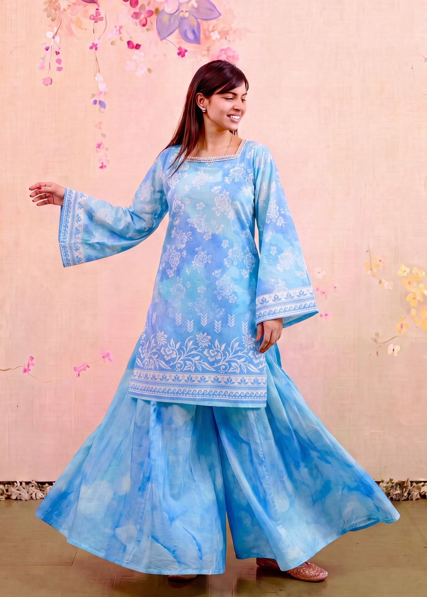 Buy Blue Lagoon Lawn Sharara Gharara Online in Dubai DXB UAE Abudhabi Meena Bazaar