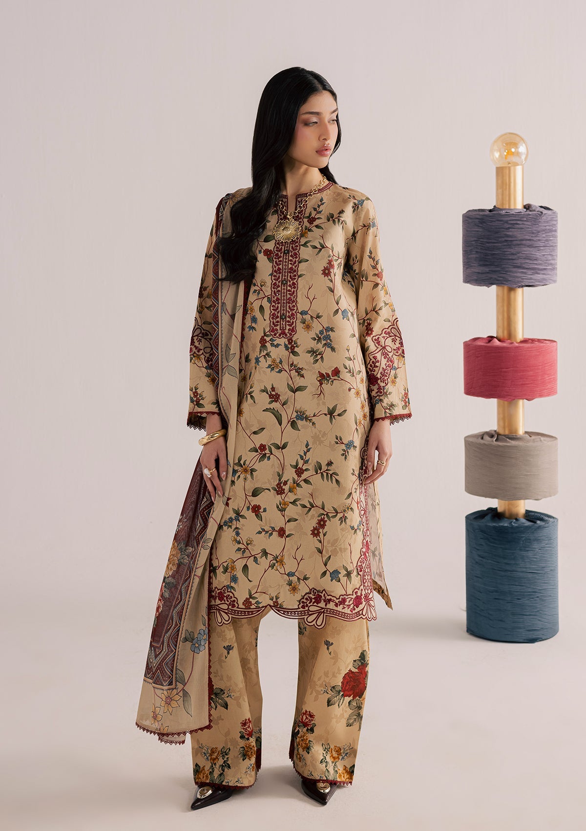 Buy Camel Brown Embroidered Lawn Kurta Online in Dubai DXB UAE Abudhabi Meena Bazaar