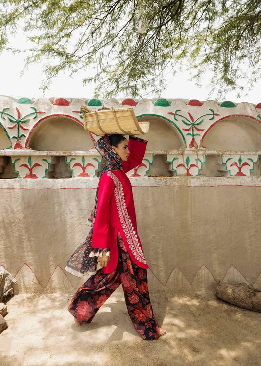 Buy Coral Red Embellished Lawn Farshi Suit Online in Dubai DXB UAE Abudhabi Meena Bazaar