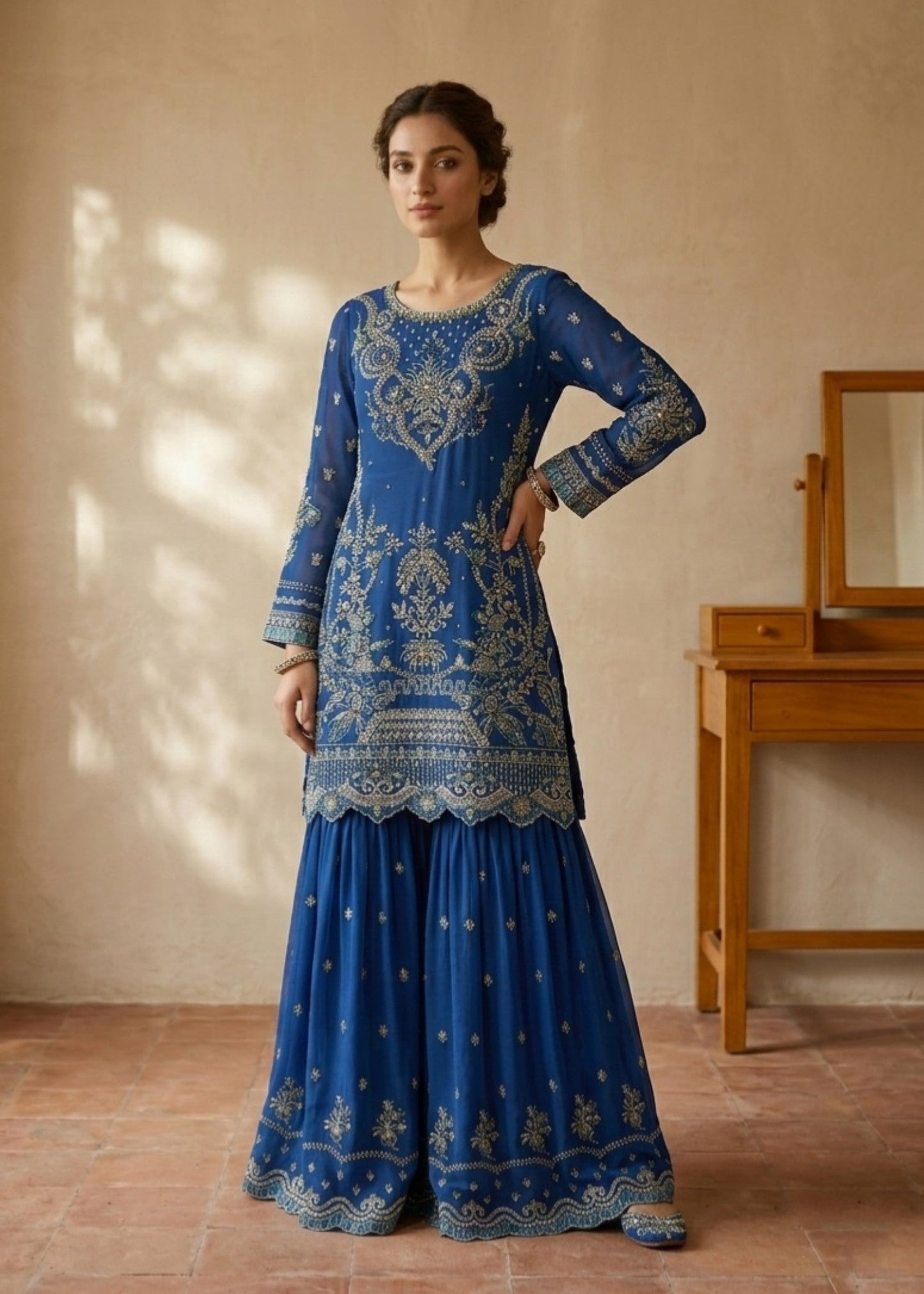 Buy Dark Blue Chiffon Gharara Dress Material Online in Sri Lanka India Australia
