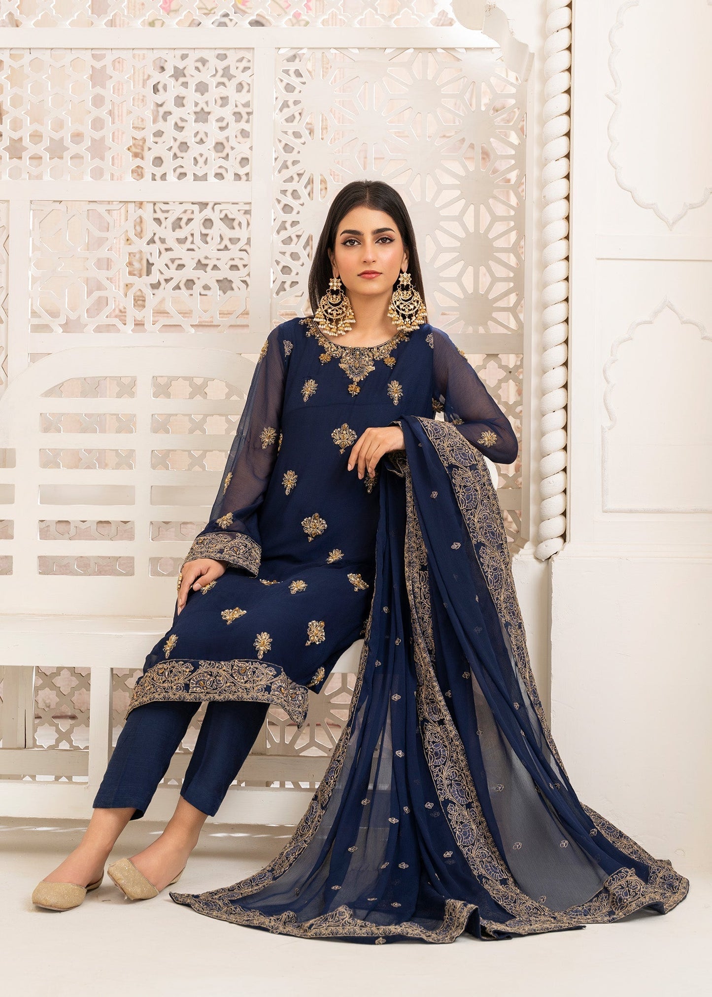 Buy Dark Blue Chiffon Raw Silk Trouser Suit Online in Sri Lanka India Australia