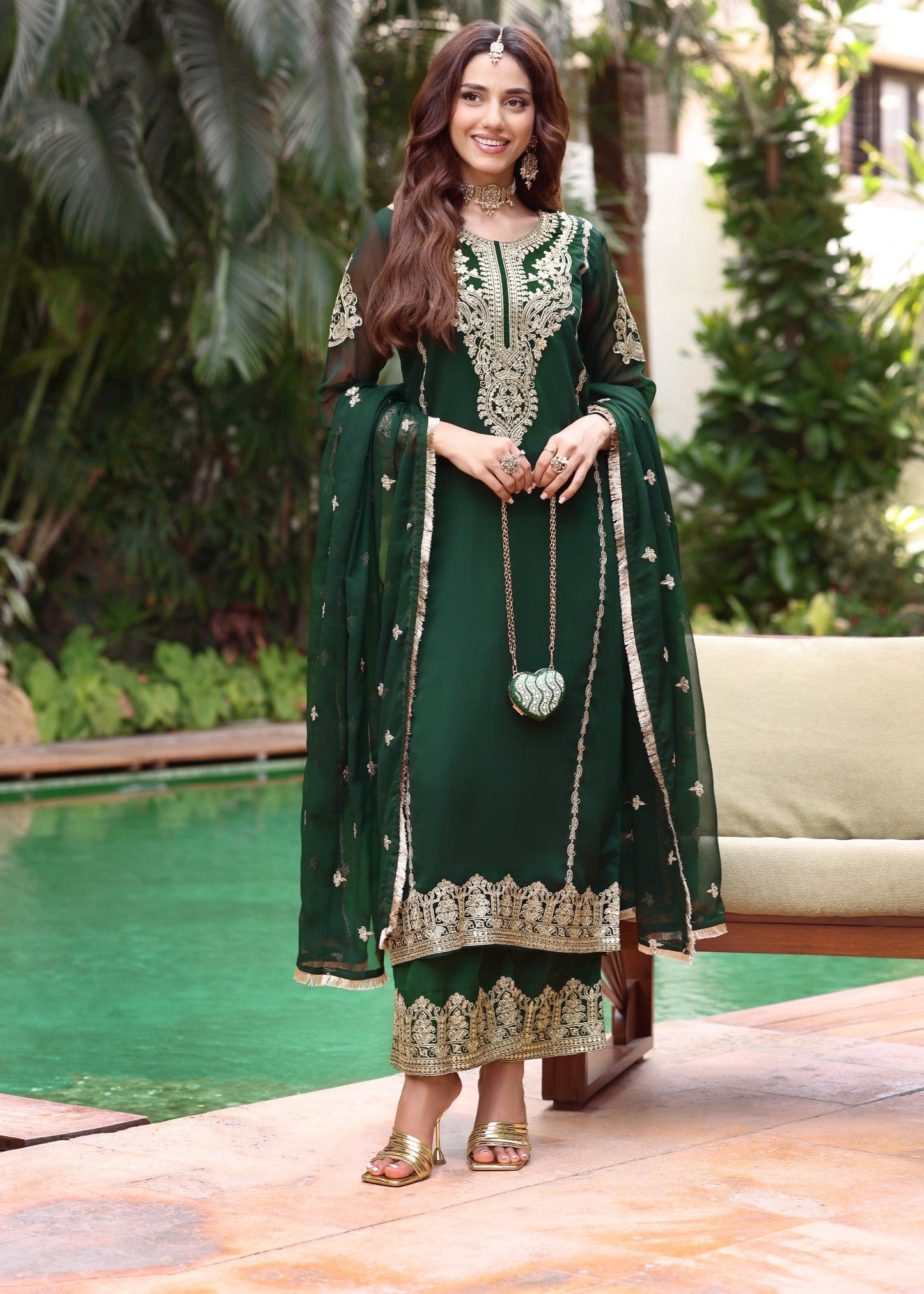 Buy Dark Green Chiffon Embroidered Kurta Set Online in Dubai UAE Abudhabi Ajman Sharjah