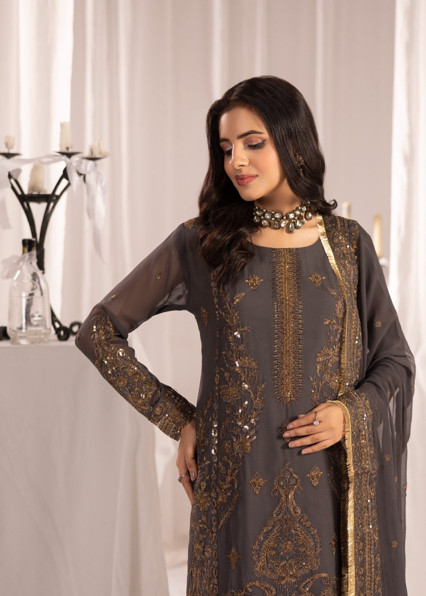 Buy Dark Grey Bemberg Crinkle Chiffon Kurta Pajama Online in Dubai DXB UAE Abudhabi Meena Bazaar