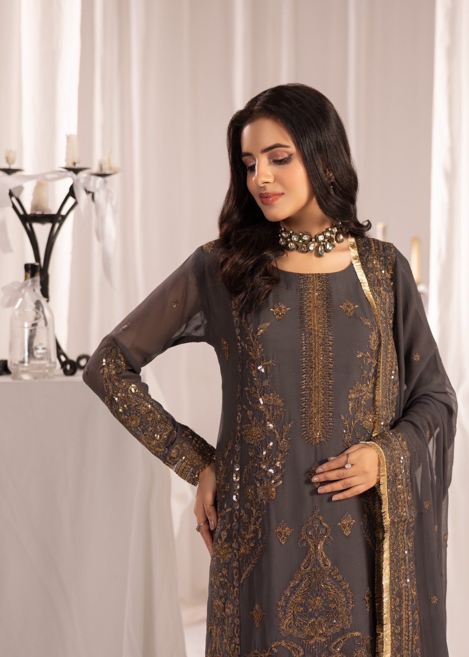 Buy Dark Grey Bemberg Crinkle Chiffon Kurta Pajama Online in Dubai DXB UAE Abudhabi Meena Bazaar