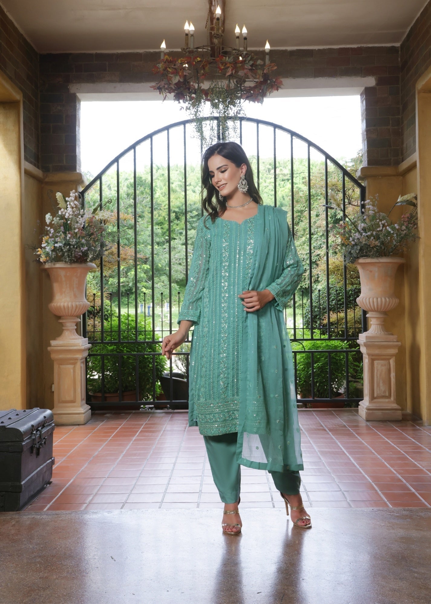 Buy Embroidered Chiffon Kurta Pajama Online in KSA Riyadh Saudi Arabia Oman Bahrain Qatar