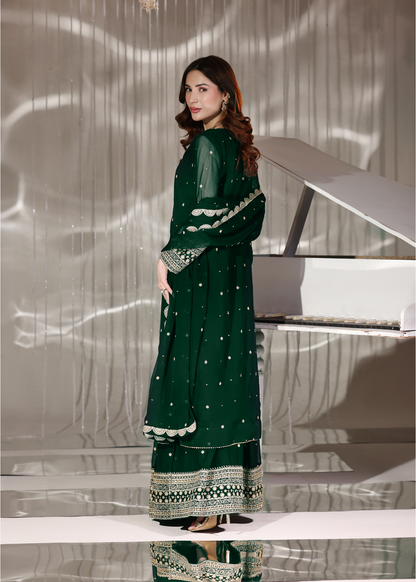 Buy Embroidered Dark Green Chiffon Pakistani Outfit Online in Dubai UAE Abudhabi Ajman Sharjah