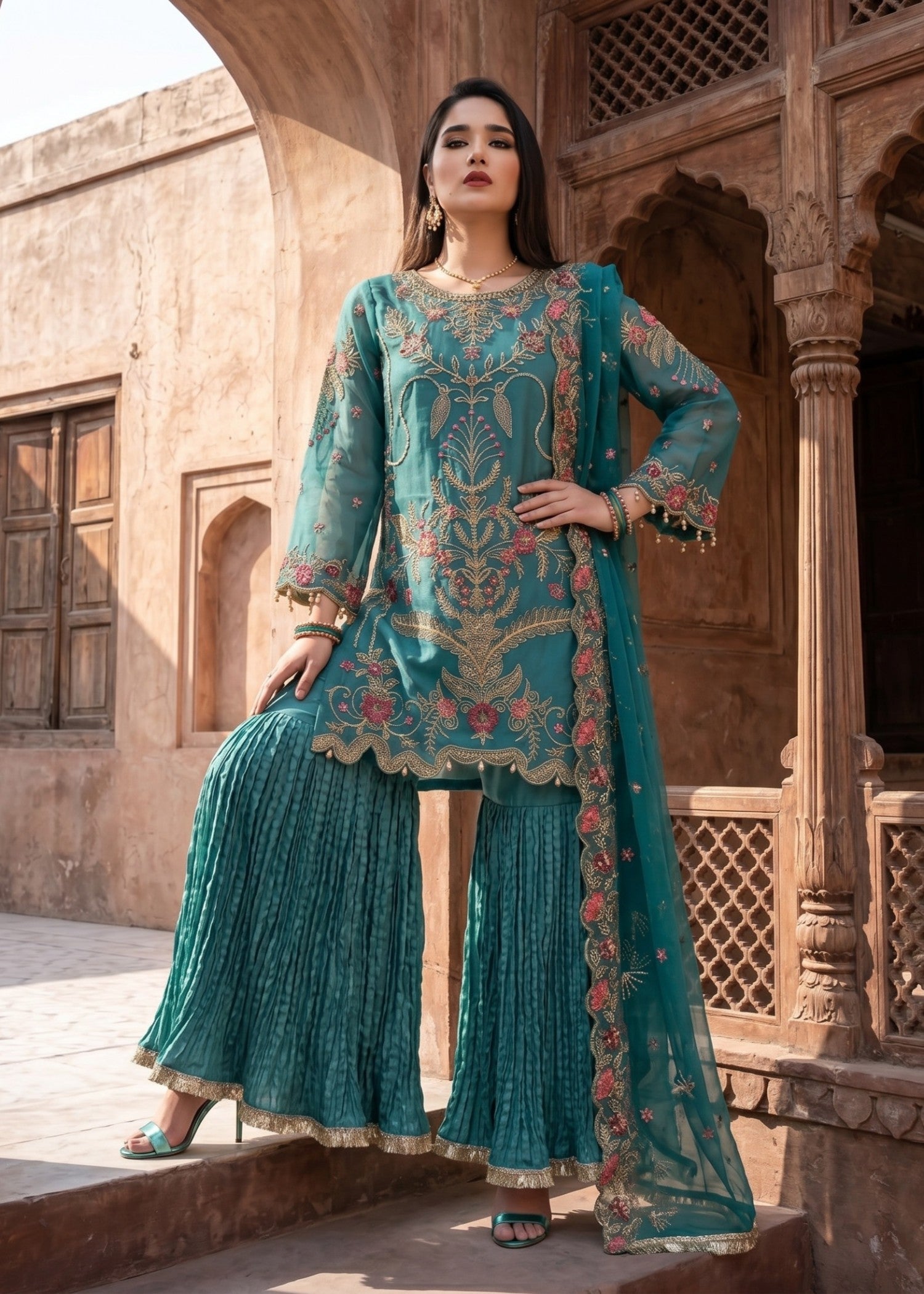 Buy Embroidered Kattan Silk Gharara Suit Online in Sri Lanka India Australia