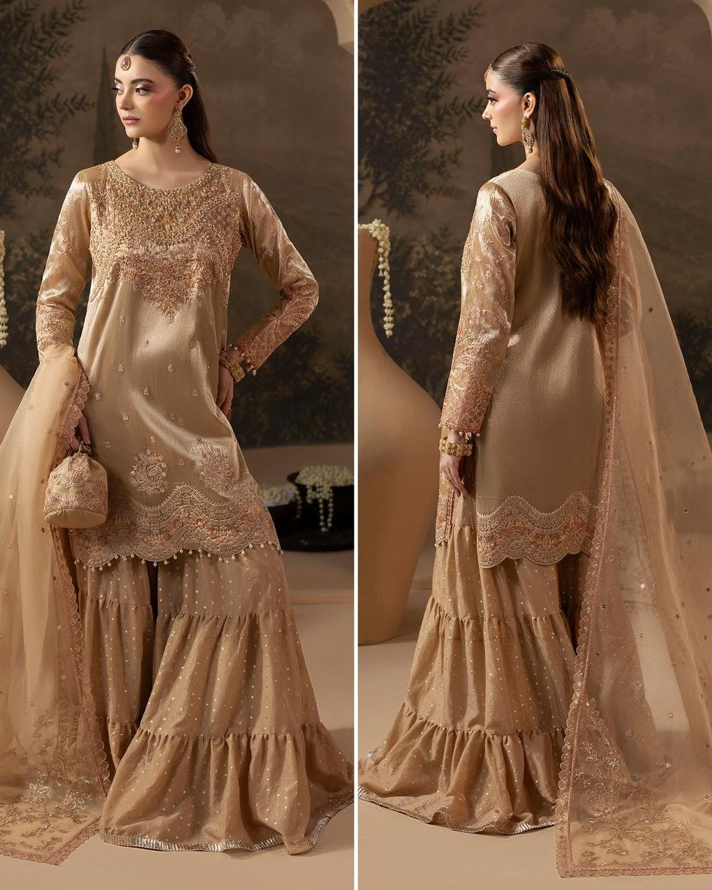 Buy Gold Embroidered Sharara Gharara Set Online in Dubai DXB UAE Abudhabi Meena Bazaar