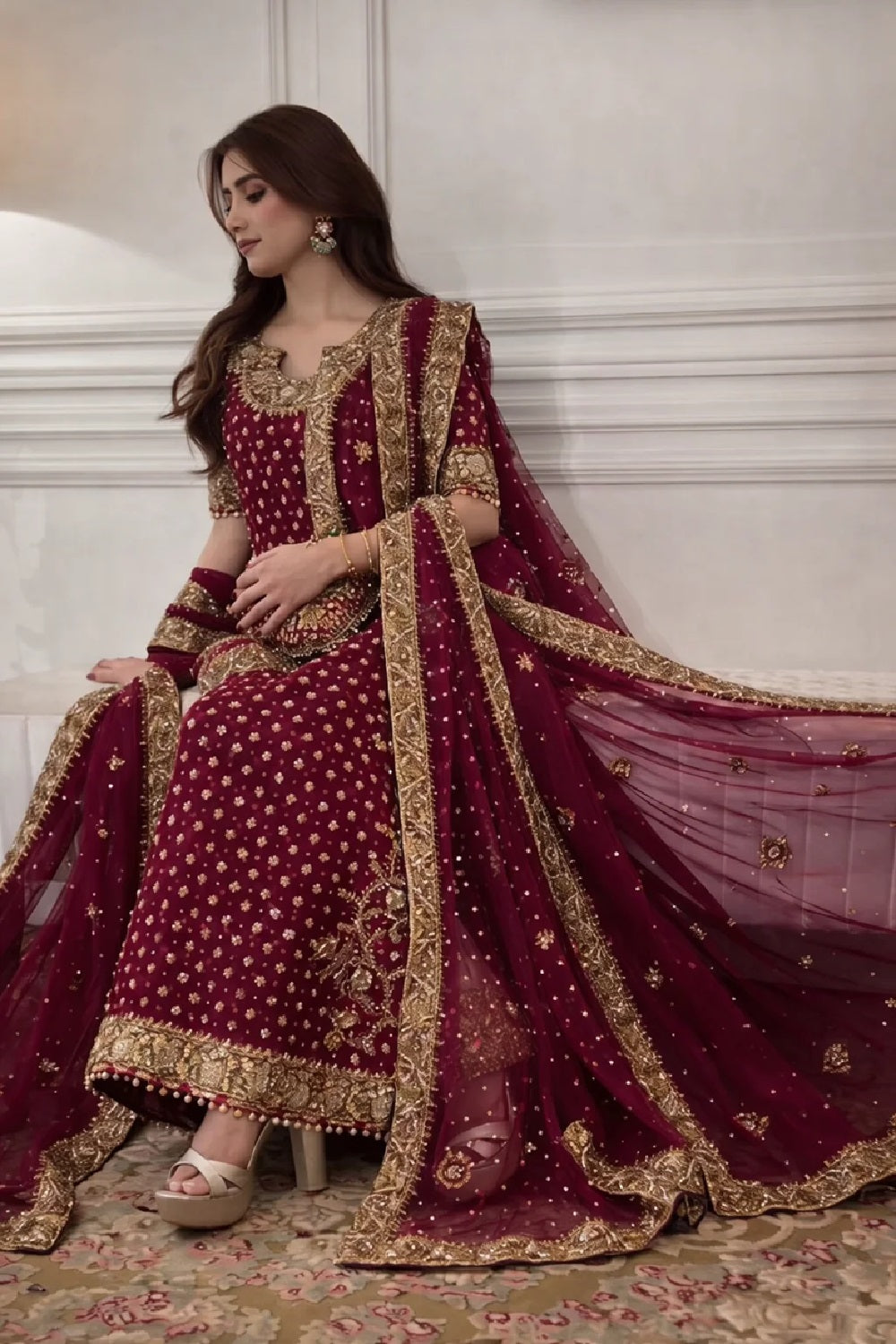 Buy Hot Pink Embellished Chiffon Wedding Outfit Online in Dubai DXB UAE Abudhabi Meena Bazaar