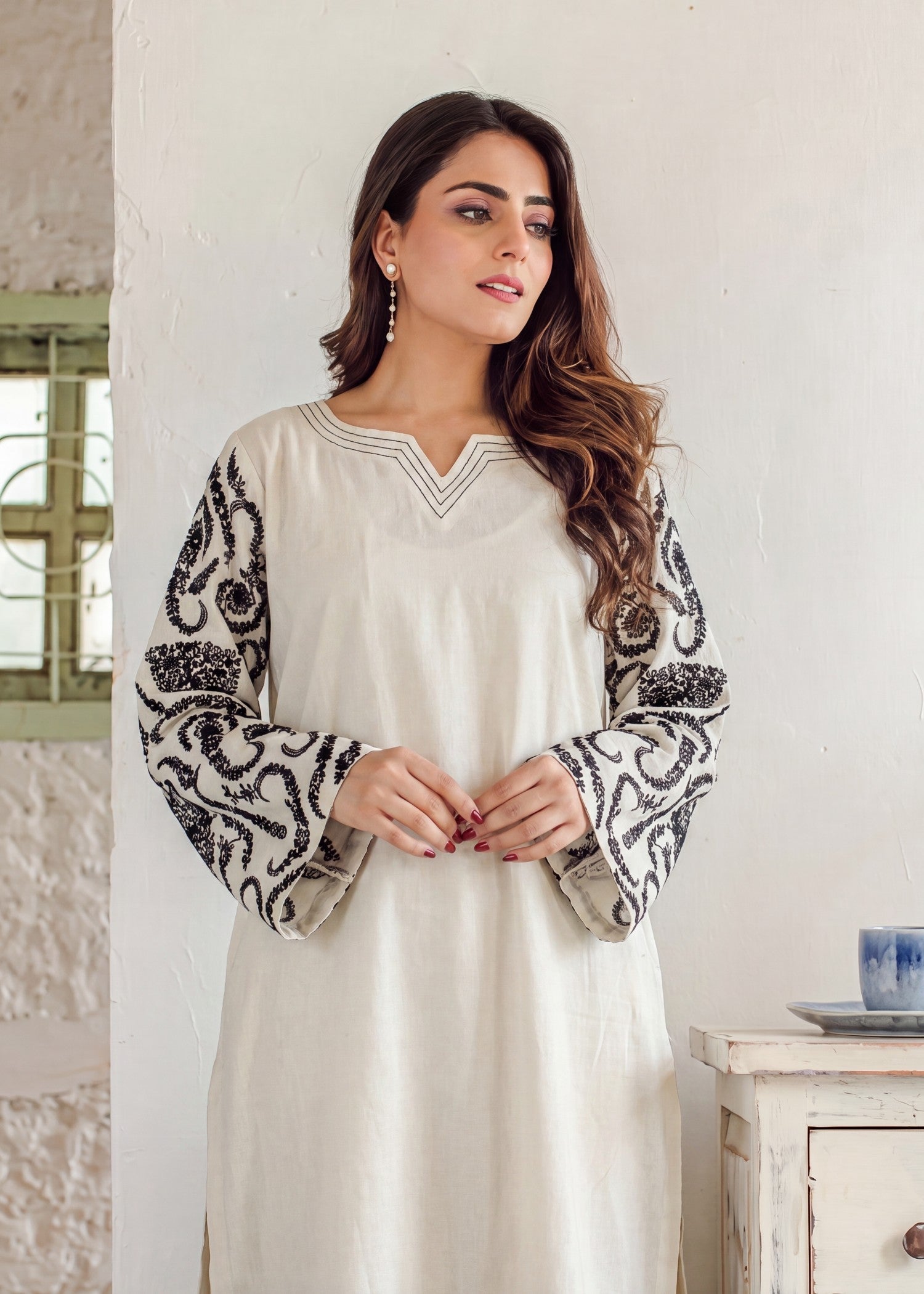 Buy Ivory Embroidered Lawn Dress Online in Dubai DXB UAE Abudhabi Meena Bazaar