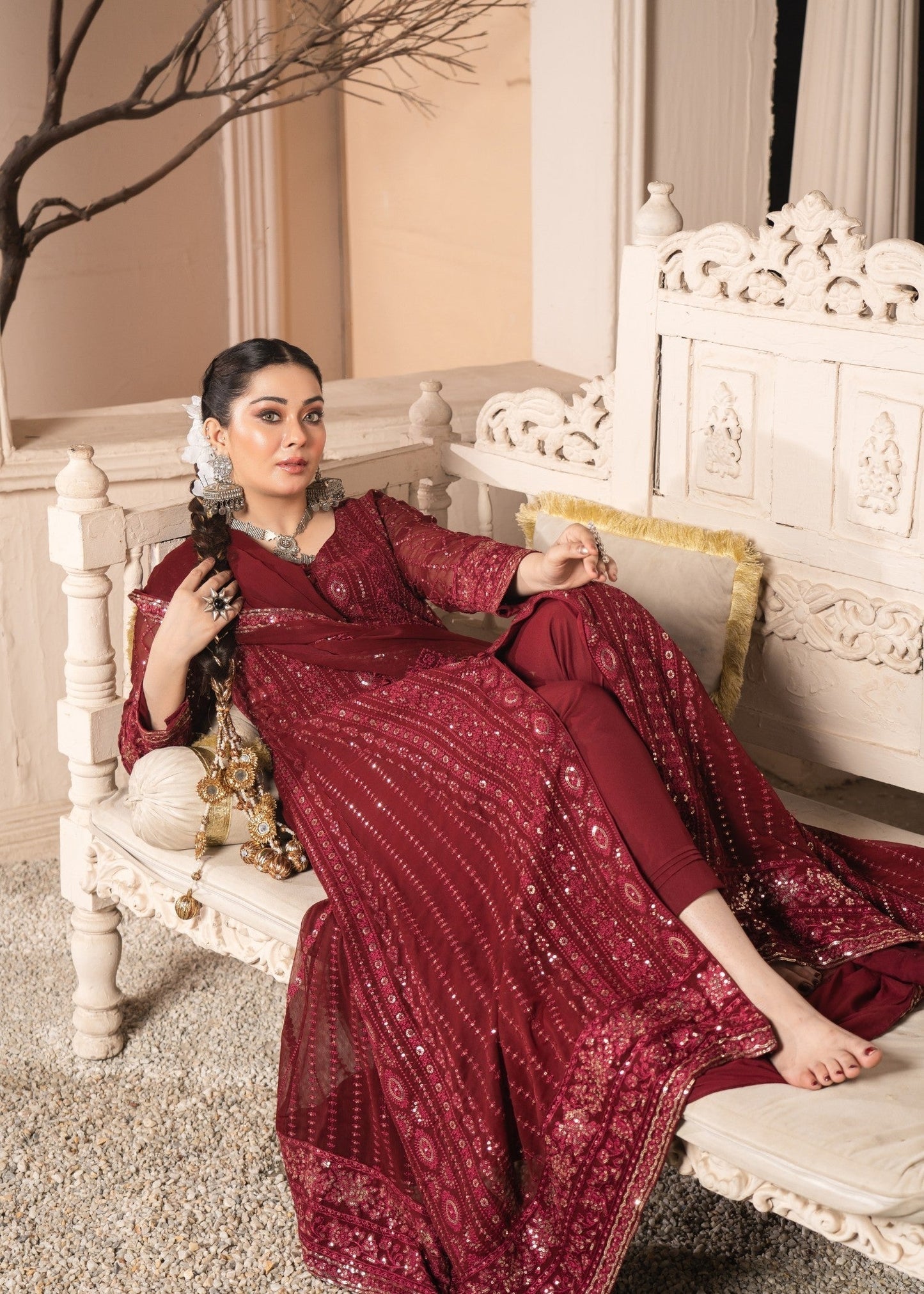 Buy Maroon Embellished Chiffon Festive Wear Online in Dubai UAE Abudhabi Ajman Sharjah