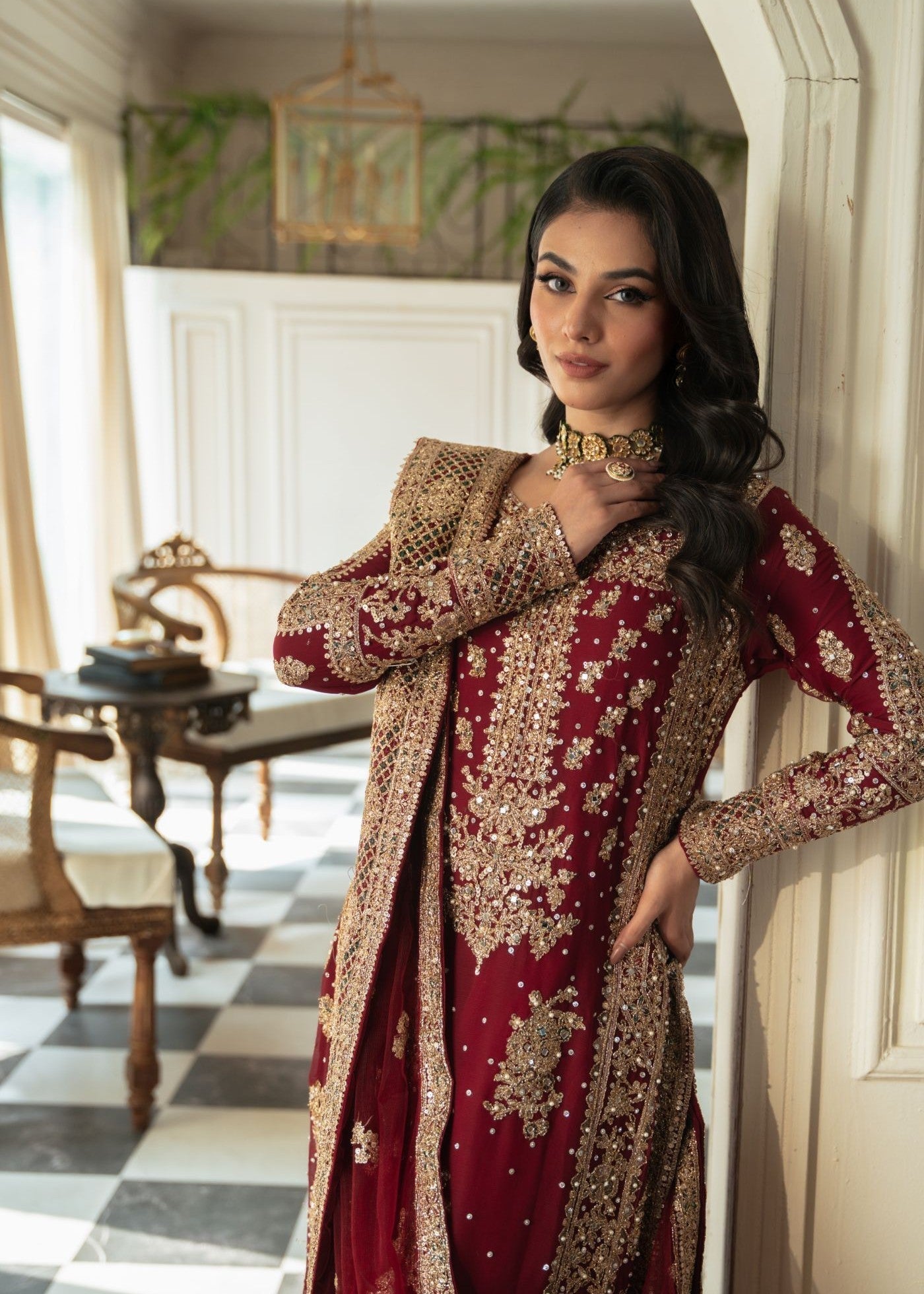 Buy Maroon Embroidered Chiffon Flared Trouser Suit Online in Dubai DXB UAE Abudhabi Meena Bazaar