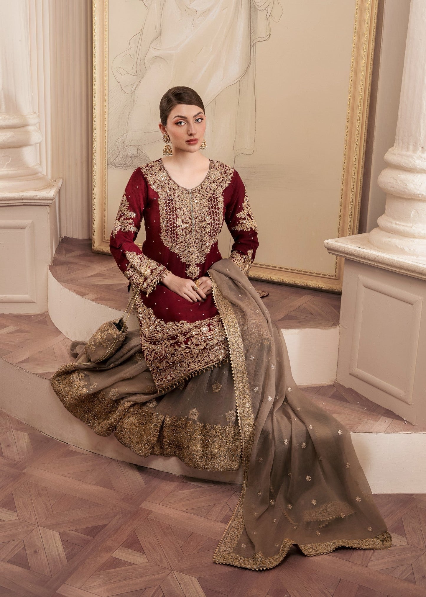 Buy Maroon Embroidered Chiffon Gharara Online in Dubai DXB UAE Abudhabi Meena Bazaar