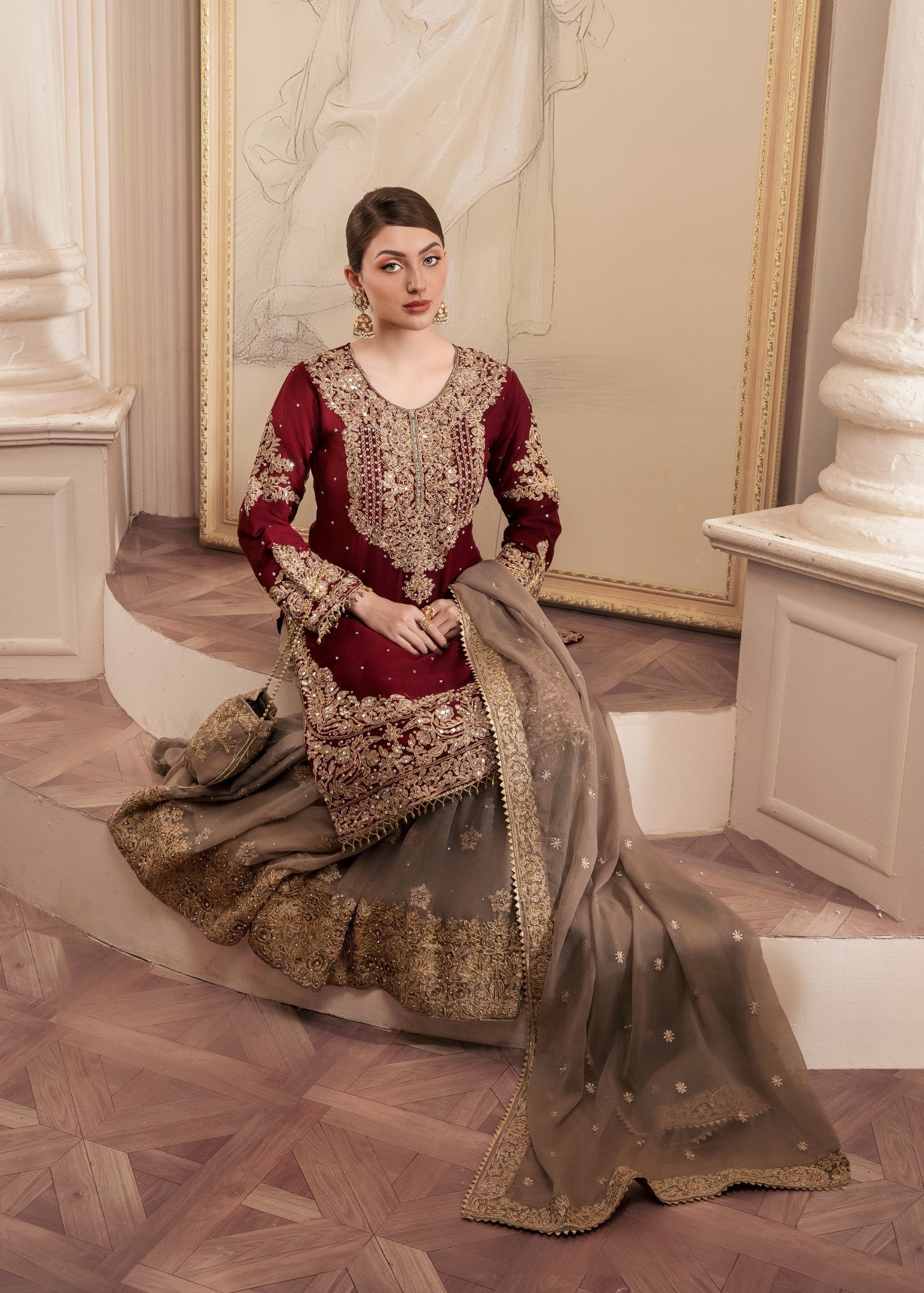 Buy Maroon Embroidered Chiffon Gharara Online in Dubai DXB UAE Abudhabi Meena Bazaar