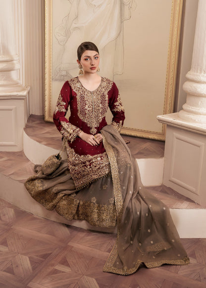 Buy Maroon Embroidered Chiffon Gharara Online in Dubai DXB UAE Abudhabi Meena Bazaar