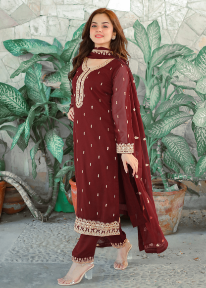Buy Maroon Embroidered Chiffon Pakistani Outfit Online in Dubai UAE Abudhabi Ajman Sharjah