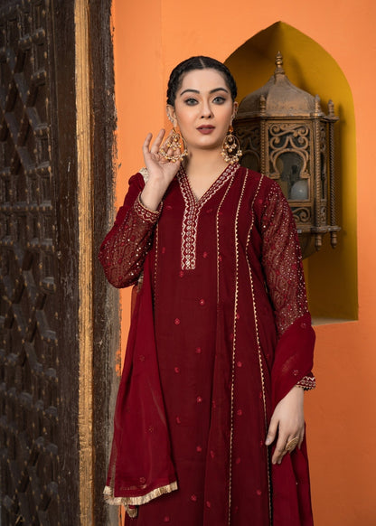 Buy Maroon Embroidered Chiffon Pakistani Suit Online in KSA Riyadh Saudi Arabia Oman Bahrain Qatar