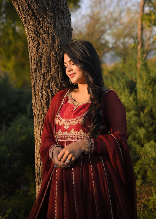 Buy Maroon Golden Zari Embroidered Chiffon Suit Online in Sri Lanka India Australia