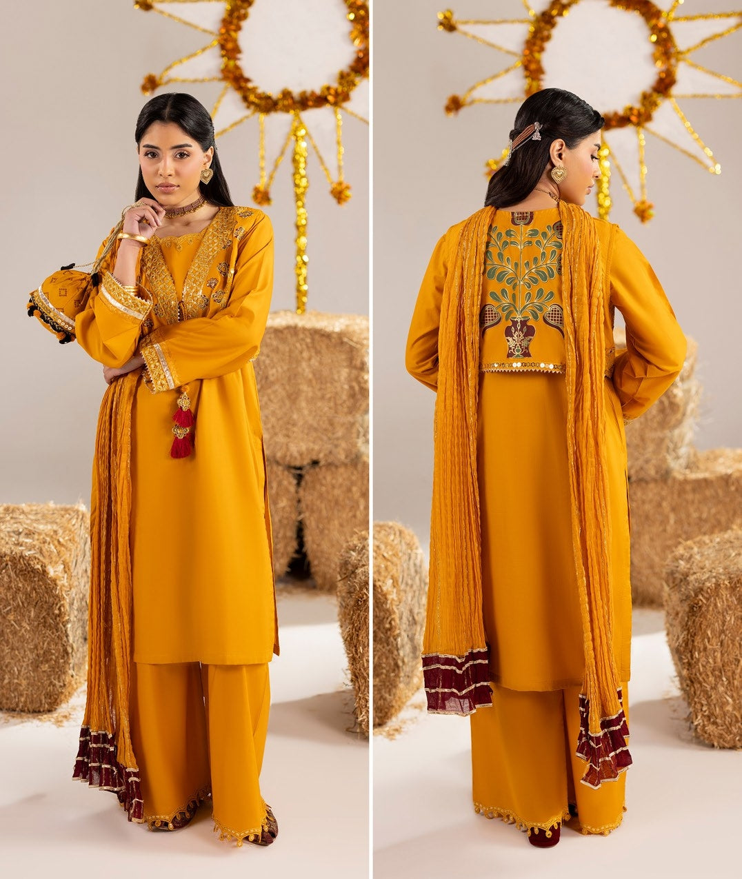 Buy Mustard Embroidered Cotton Ready to Wear Suit Online in Dubai DXB UAE Abudhabi Meena Bazaar