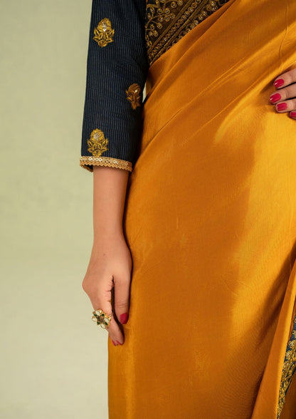 Buy Mustard Gold Embroidered Saree with Petticoat Online in Dubai DXB UAE Abudhabi Meena Bazaar