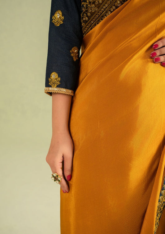 Buy Mustard Gold Embroidered Saree with Petticoat Online in Dubai DXB UAE Abudhabi Meena Bazaar
