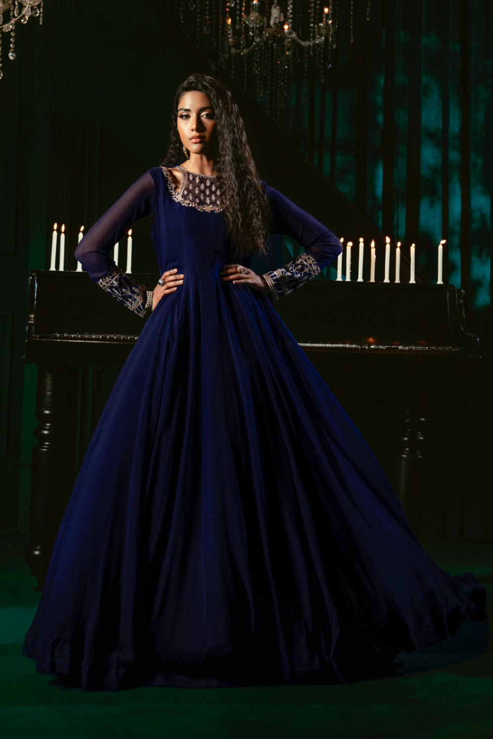 Buy Navy Blue Embroidered Chiffon Pishwas Party Wear Online in Dubai UAE Abudhabi Ajman Sharjah