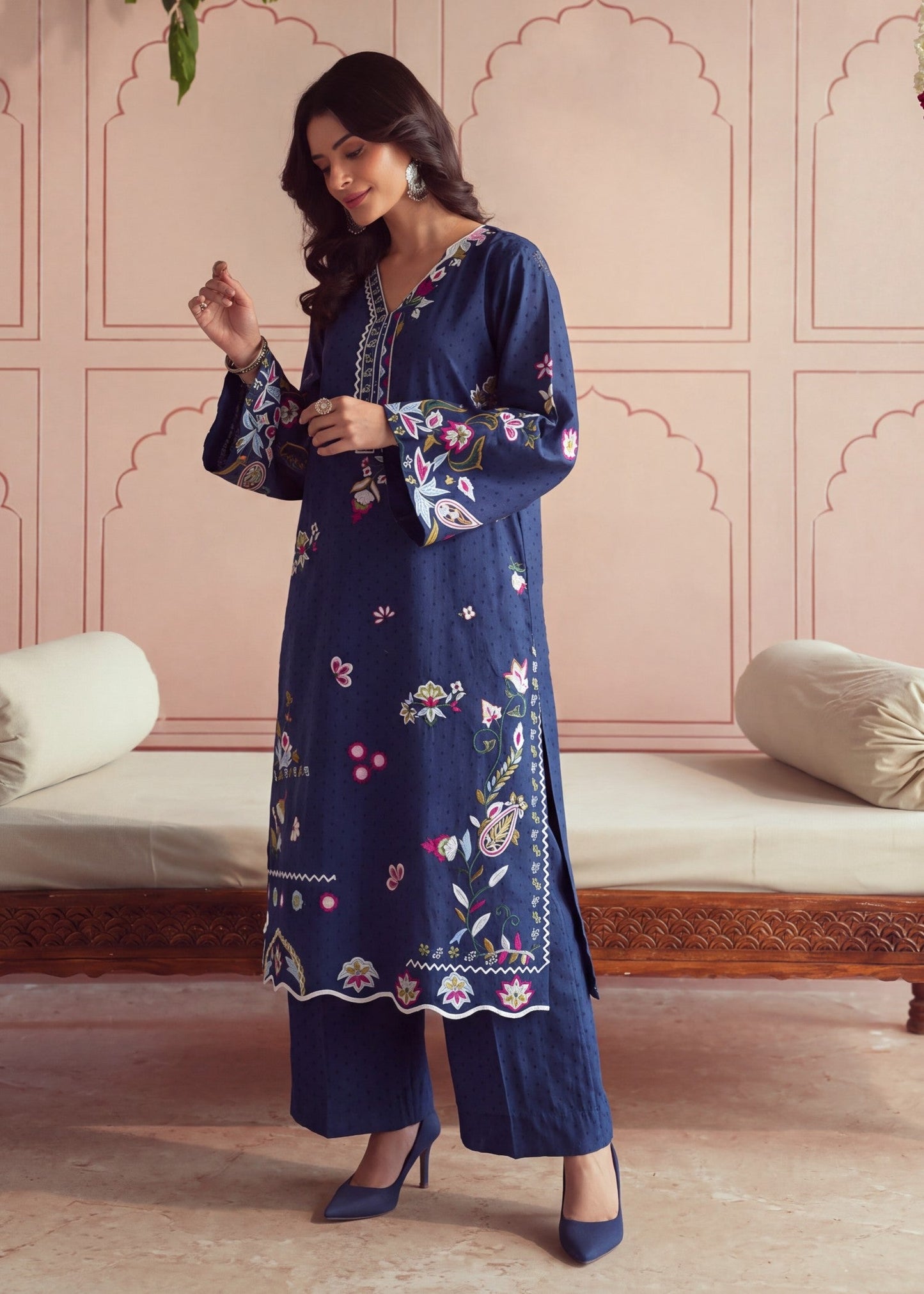 Buy Navy Blue Embroidered Lawn Dress Material Online in Sri Lanka India Australia