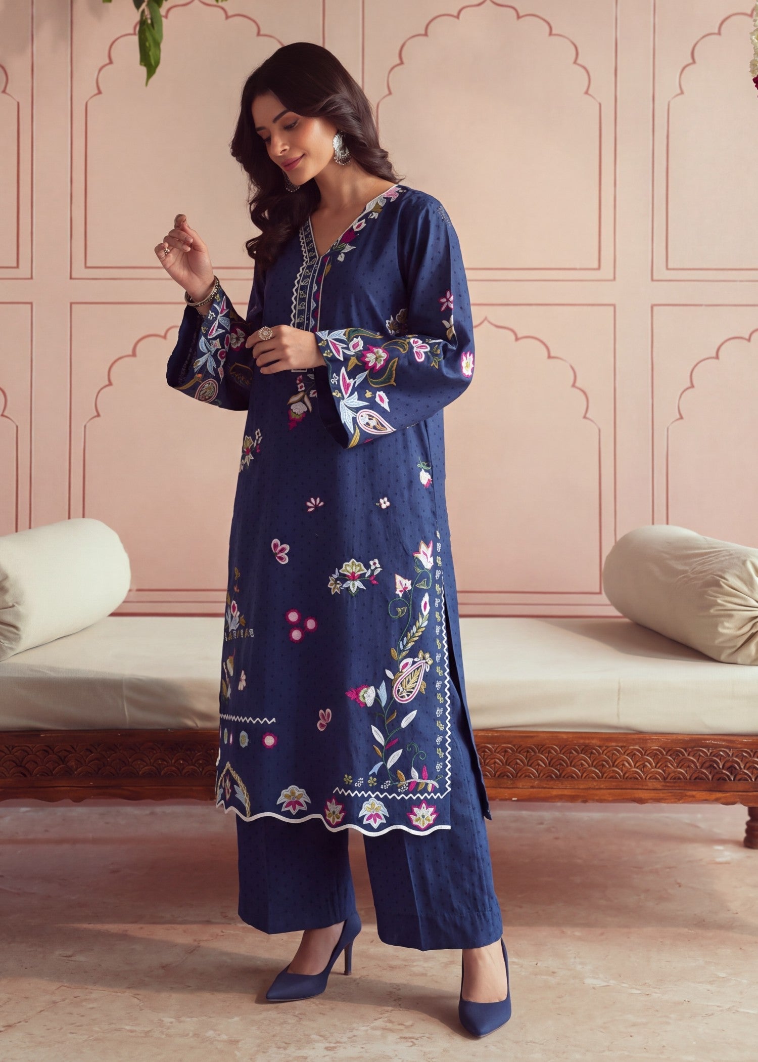 Buy Navy Blue Embroidered Lawn Dress Material Online in Sri Lanka India Australia