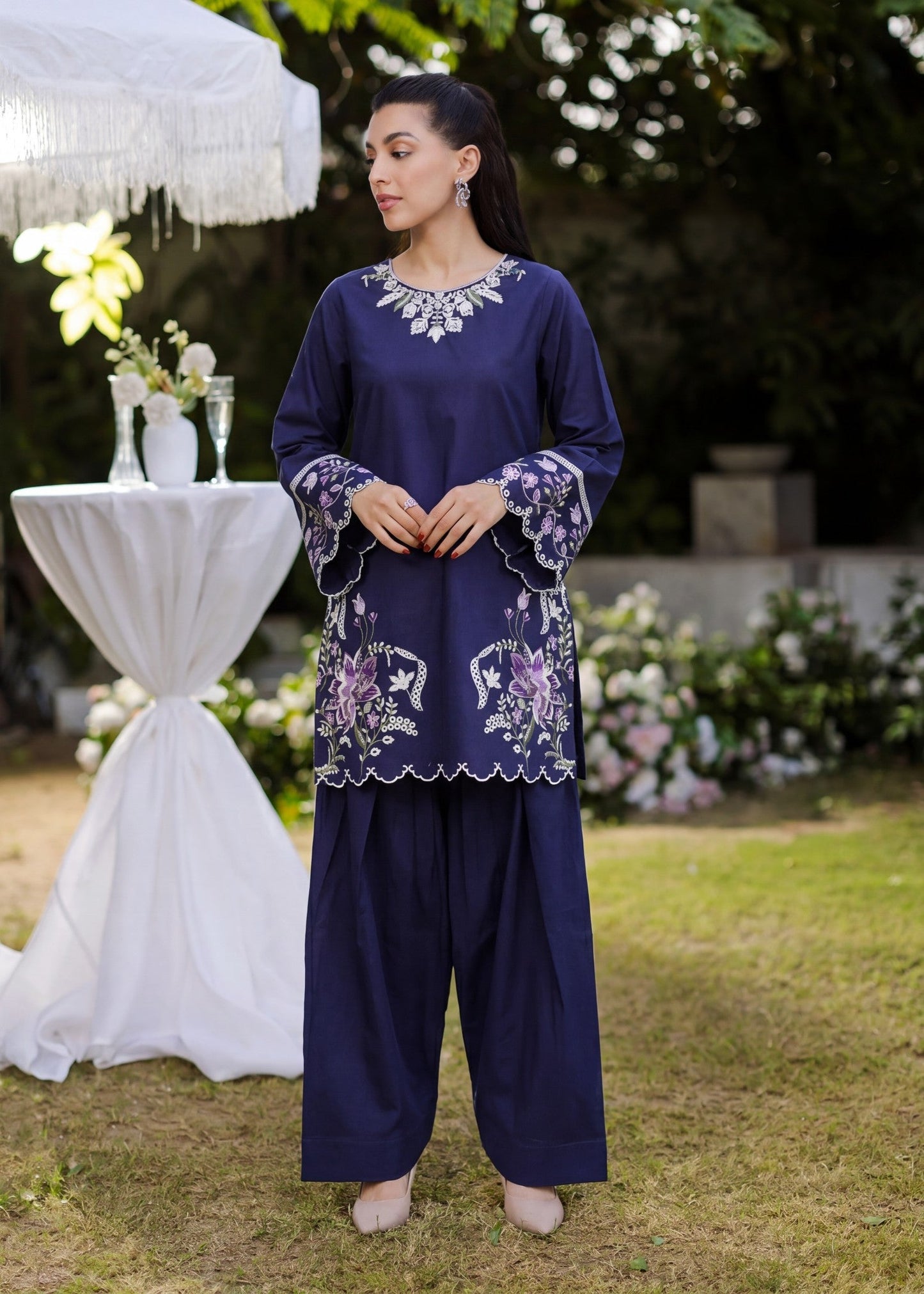 Buy Navy Blue Embroidered Lawn Farshi Shalwar Online in Dubai UAE Abudhabi Ajman Sharjah