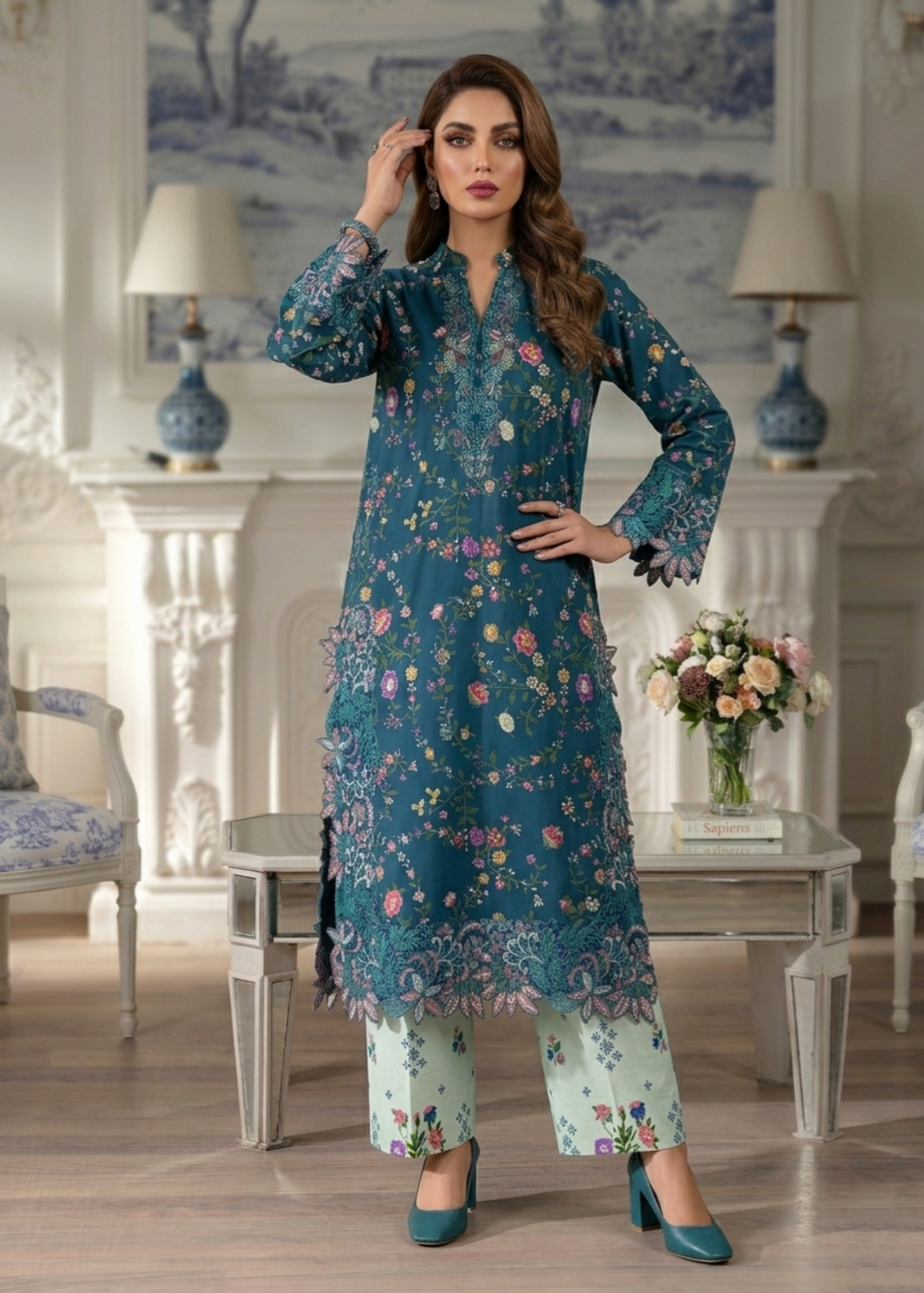 Buy Navy Blue Lawn Embroidered Suit Online in Dubai DXB UAE Abudhabi Meena Bazaar