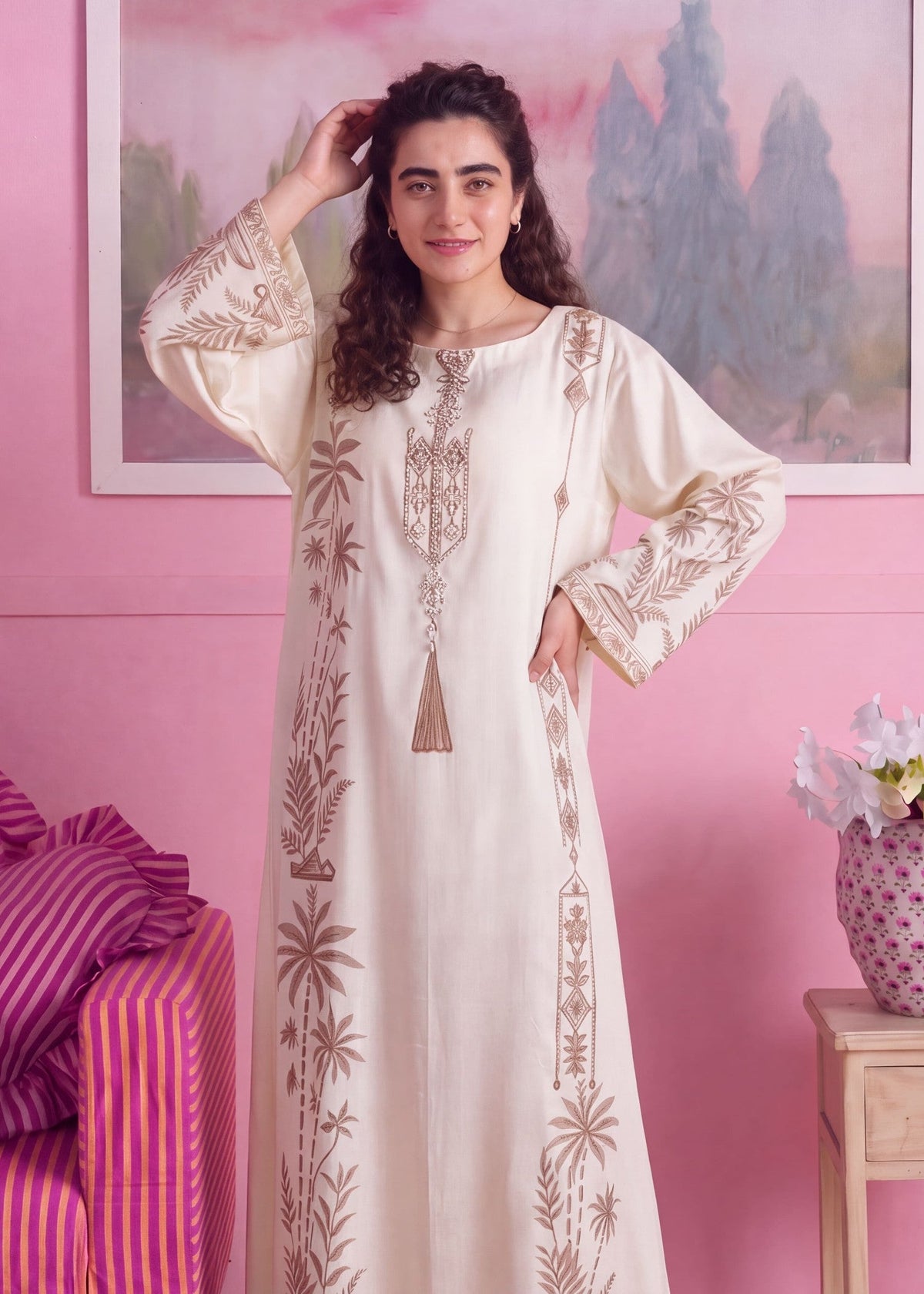 Buy Off-White Embellished Linen Kaftan Online in Dubai DXB UAE Abudhabi Meena Bazaar