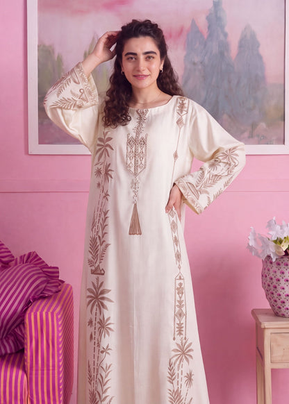 Buy Off-White Embellished Linen Kaftan Online in Dubai DXB UAE Abudhabi Meena Bazaar