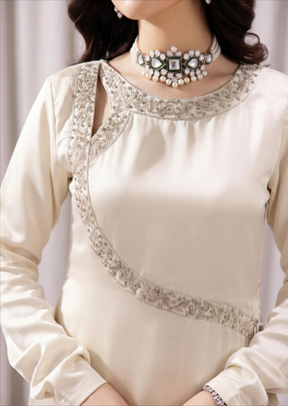 Buy Off-White Silk Stone Work Partywear Suit Online in Dubai UAE Abudhabi Ajman Sharjah