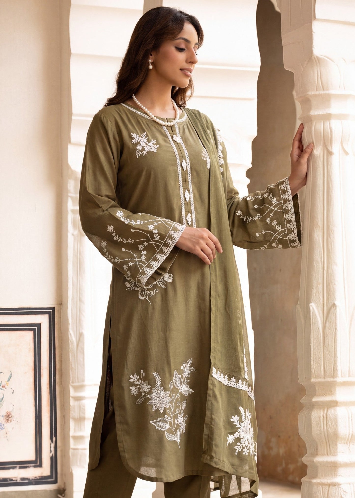 Buy Olive Green Embroidered Lawn Dress Material Online in Dubai DXB UAE Abudhabi Meena Bazaar
