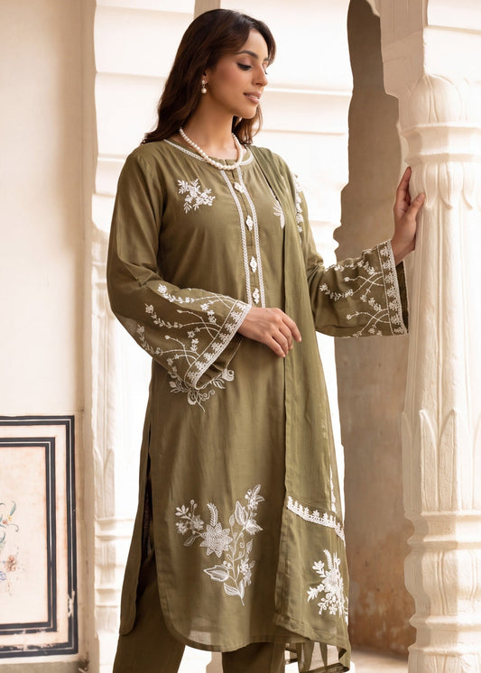 Buy Olive Green Embroidered Lawn Dress Material Online in Dubai DXB UAE Abudhabi Meena Bazaar
