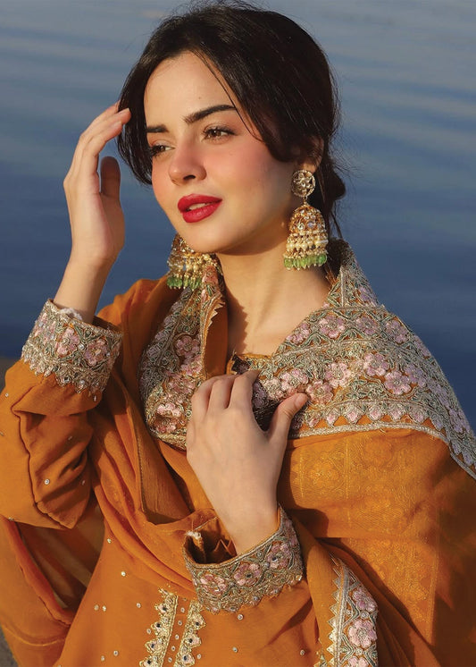 Buy Orange Embroidered Chiffon Pakistani Outfit Online in Dubai DXB UAE Abudhabi Meena Bazaar