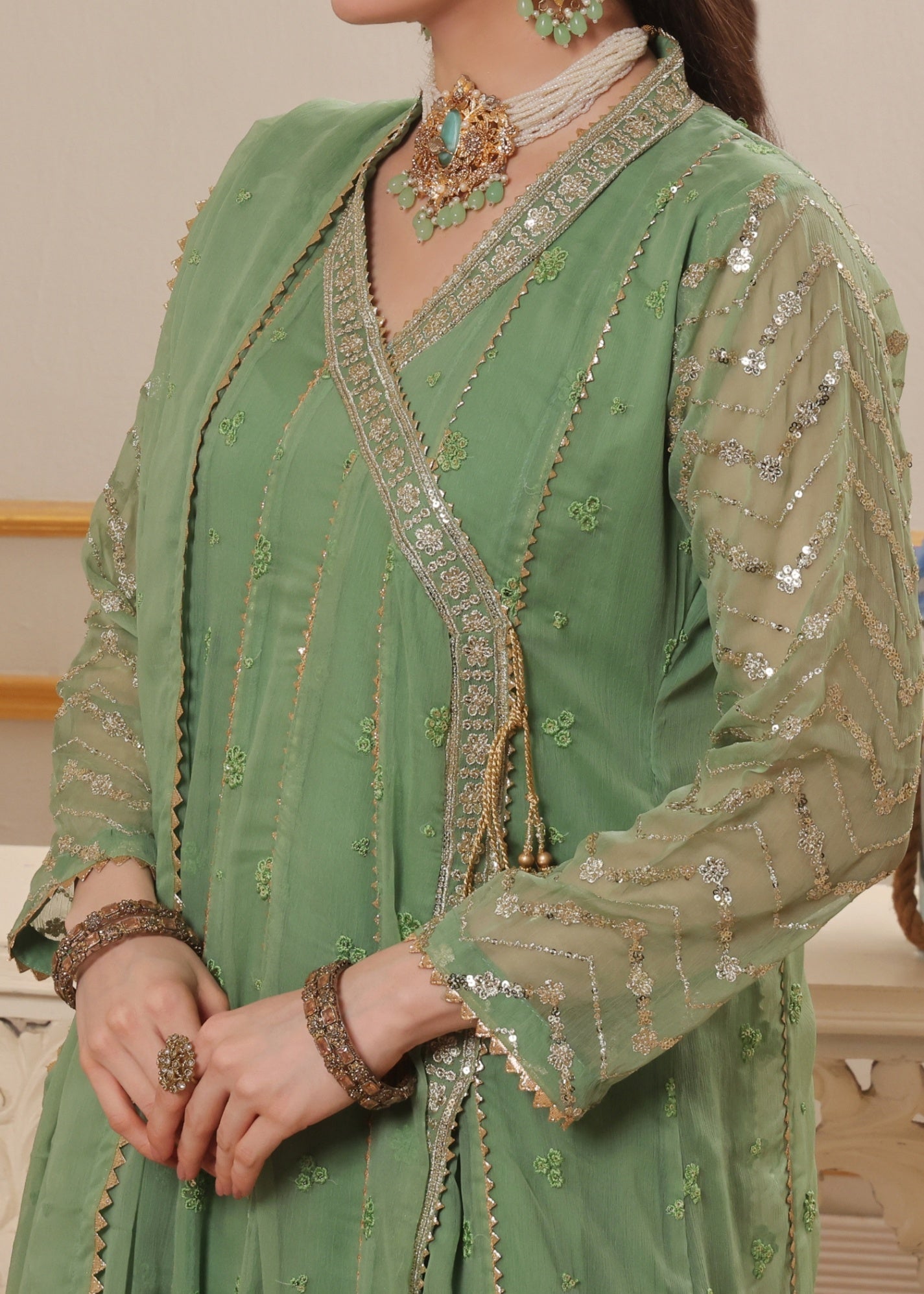 Buy Pastel Green Embellished Chiffon Suit Online in Dubai UAE Abudhabi Ajman Sharjah