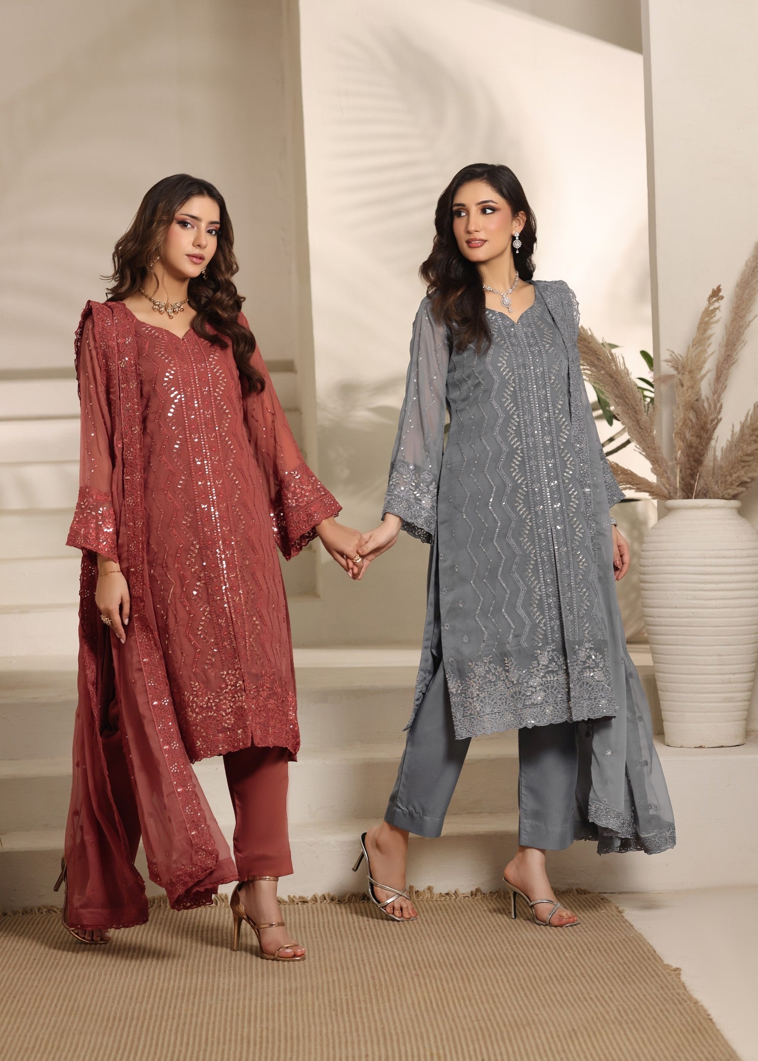 Buy Peach Embroidered Chiffon Kurta Set Online in Sri Lanka India Australia