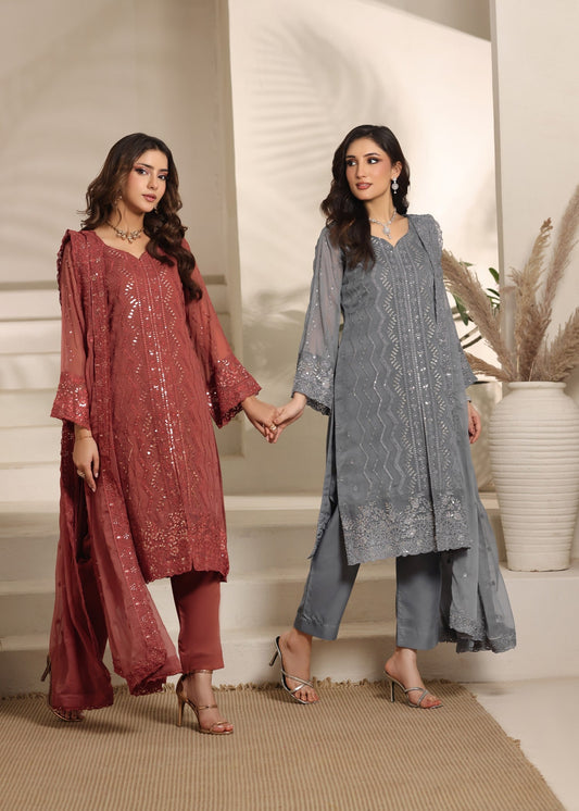 Buy Peach Embroidered Chiffon Kurta Set Online in Sri Lanka India Australia