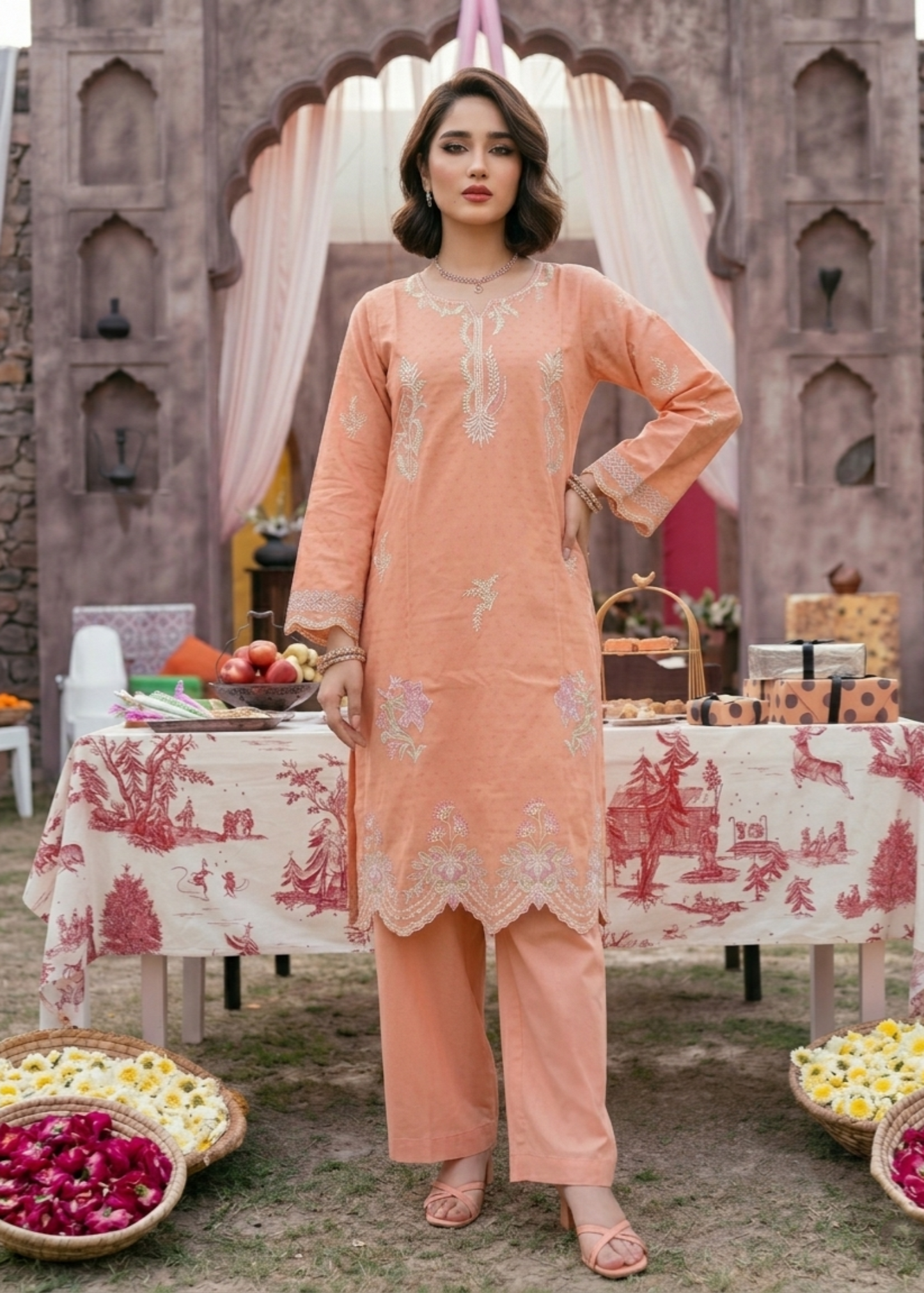 Buy Peach Embroidered Lawn Dress Material Online in Sri Lanka India Australia