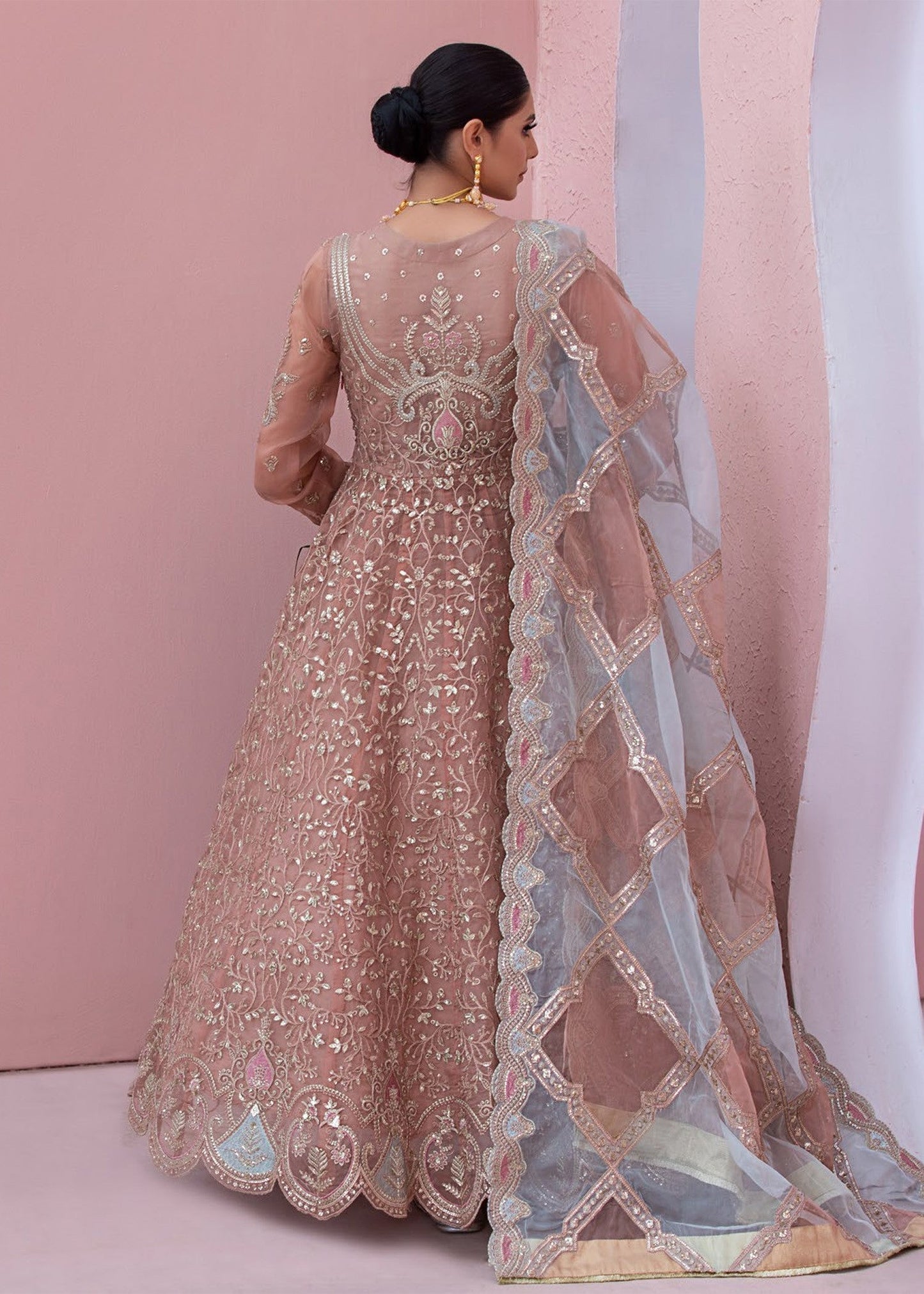 Buy Peach Pink Embroidered Organza 3 Piece Suit Online in Dubai DXB UAE Abudhabi Meena Bazaar
