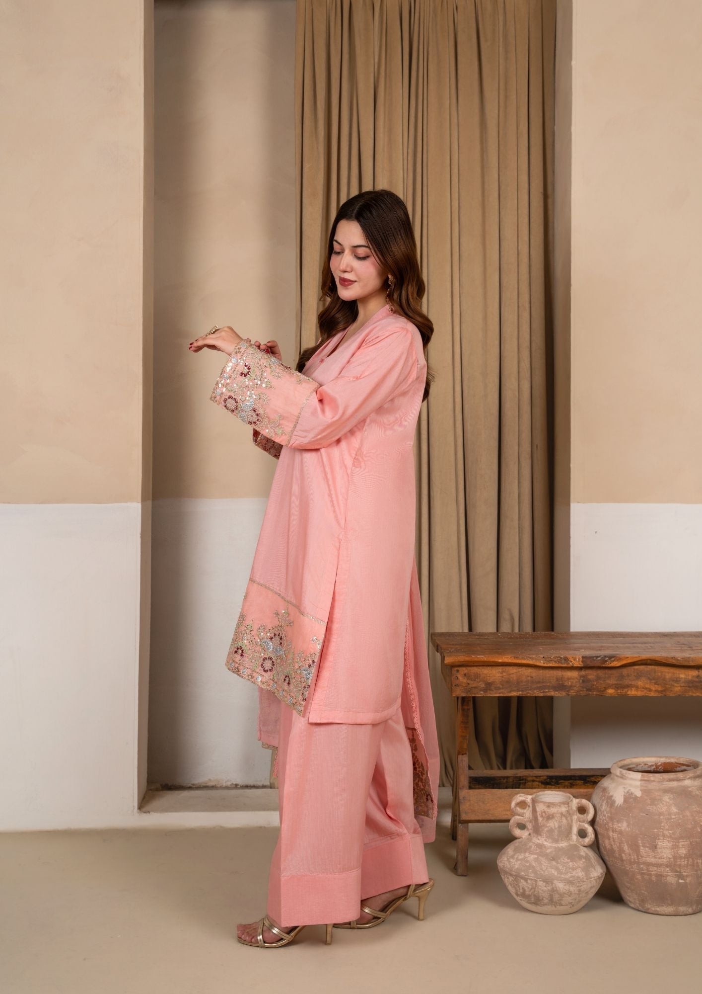 Buy Peach Pink Embroidered Tunic Kurta Farshi Shalwar Online in Dubai DXB UAE Abudhabi Meena Bazaar