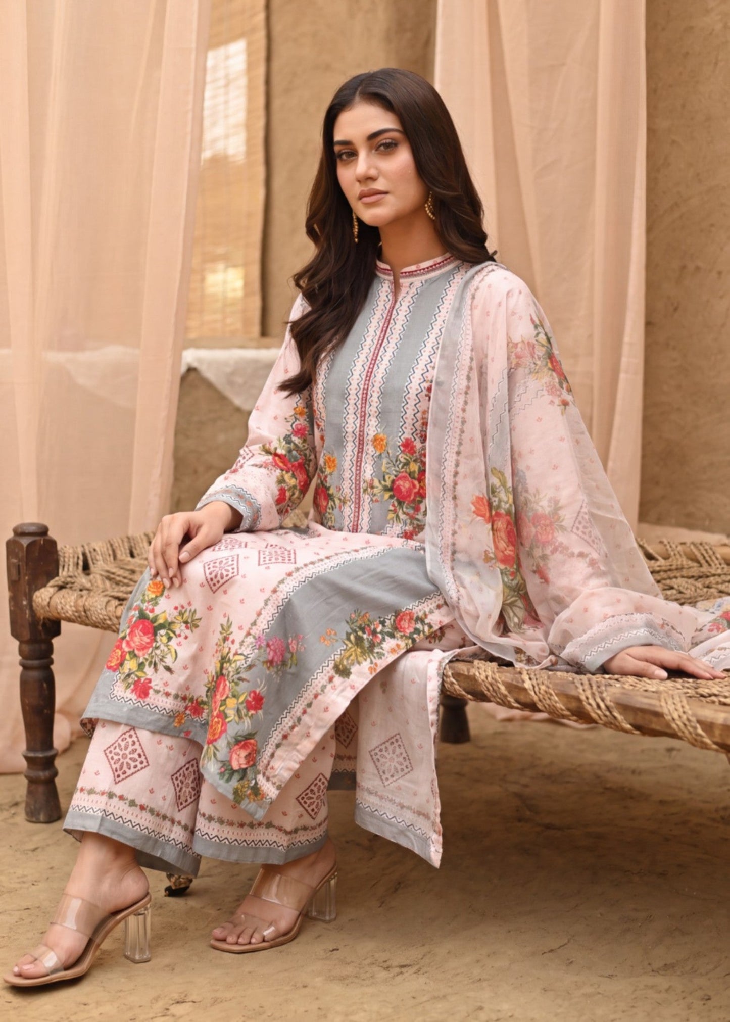 Buy Peach Pink Lawn Embroidered Suit Online in KSA Riyadh Saudi Arabia Oman Bahrain Qatar