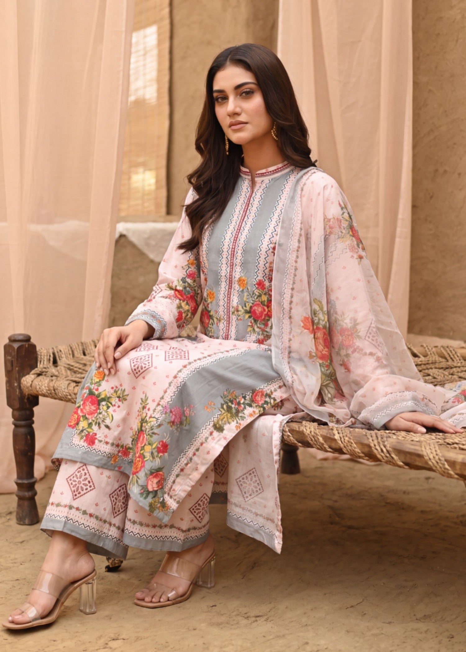Buy Peach Pink Lawn Embroidered Suit Online in KSA Riyadh Saudi Arabia Oman Bahrain Qatar