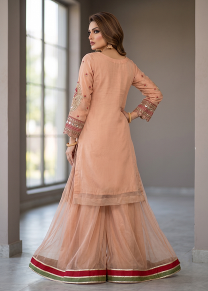 Buy Peach Pink Organza Sharara Suit Online in Dubai UAE Abudhabi Ajman Sharjah