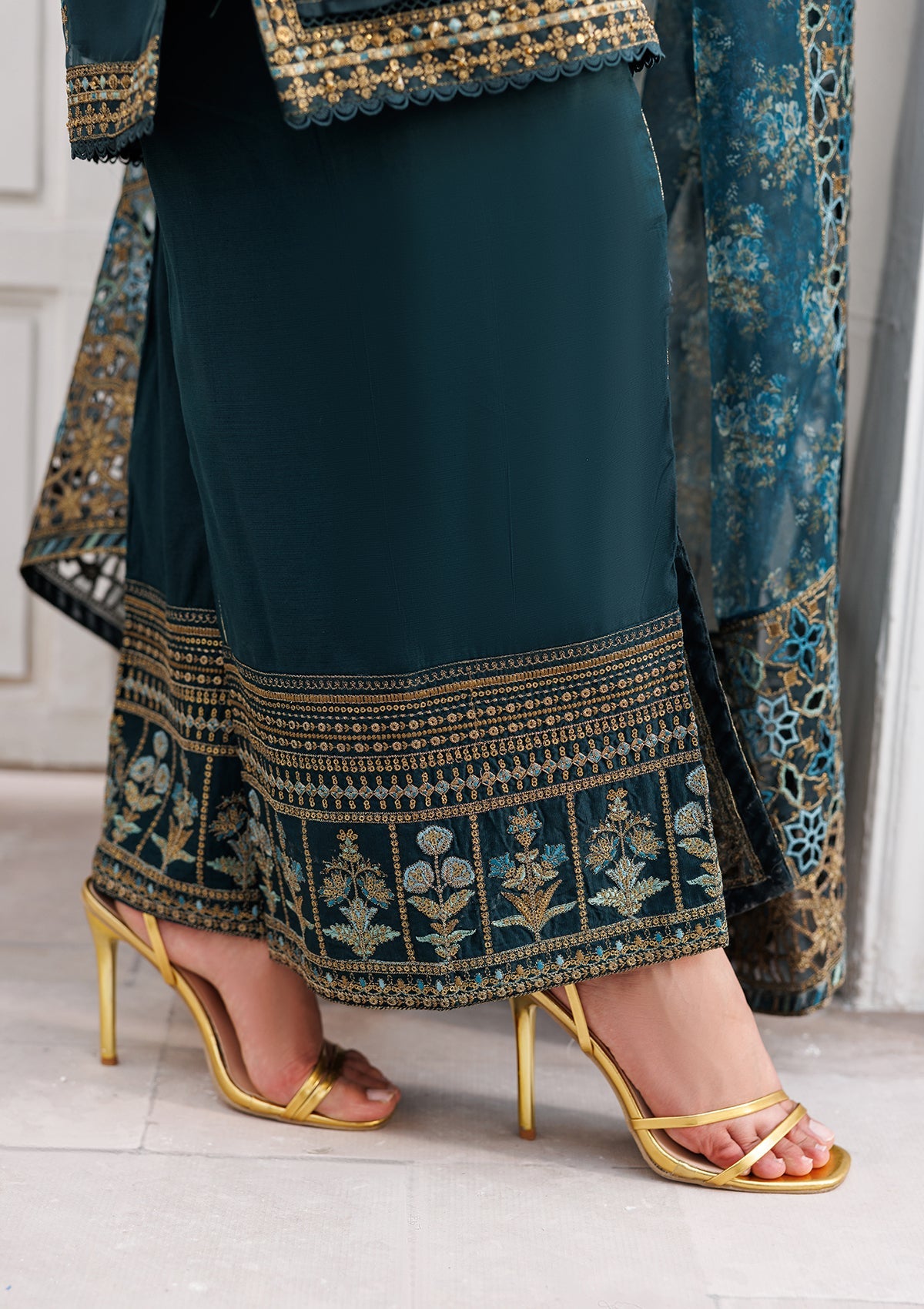 Buy Pine Green Embroidered Organza Dress Material Online in Dubai DXB UAE Abudhabi Meena Bazaar